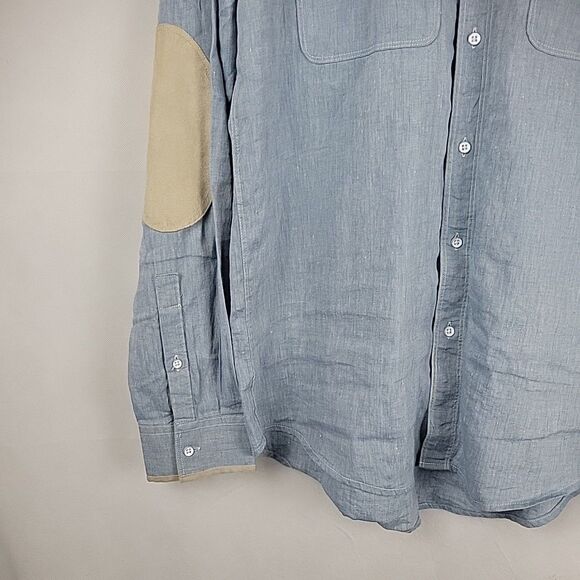 7 Diamonds Cowboys & Angel Shirt Men Medium Linen Slub Elbow Patch Contrast Cuff - Picture 7 of 15